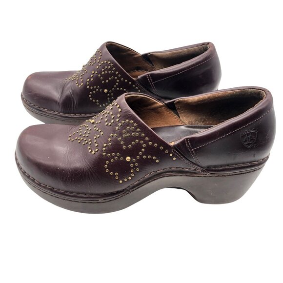 Ariat Women's Leather Clogs US Sz 9.5B Studs Floral Detail Cordovan Red - Picture 2 of 7